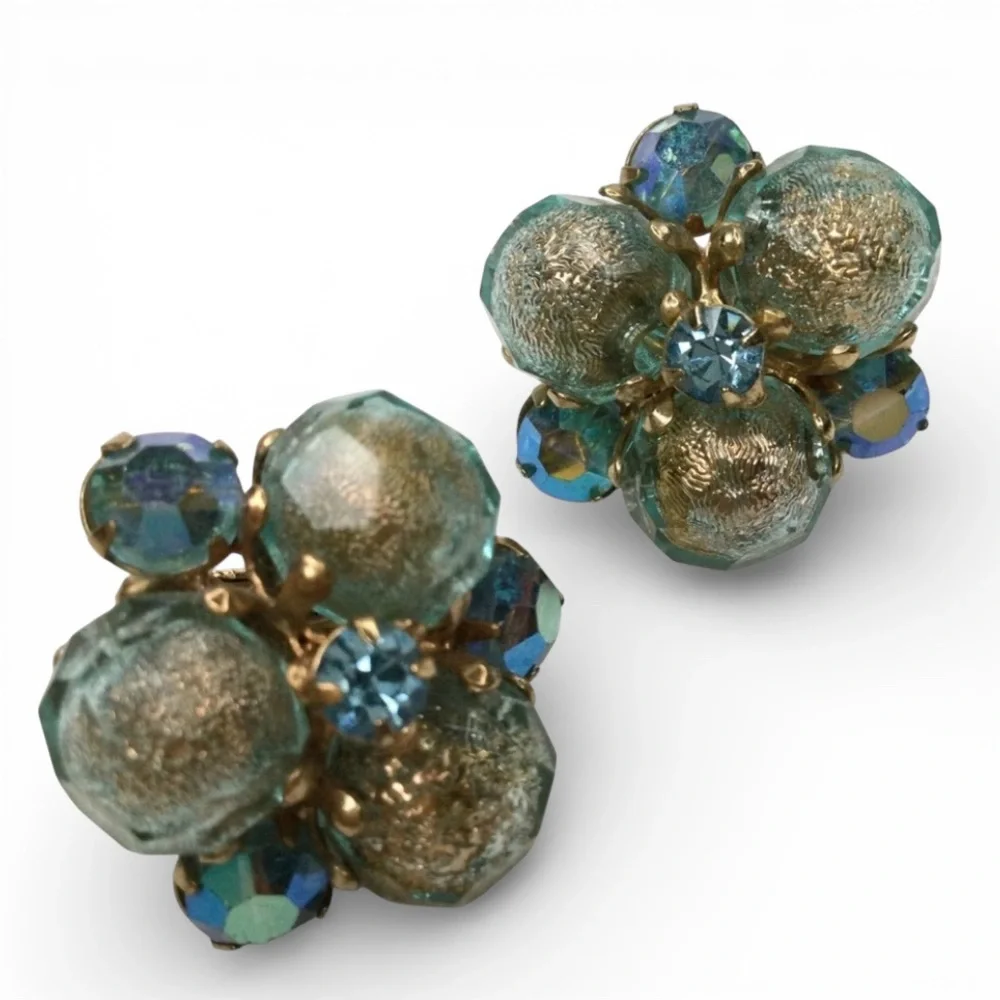 Reserved -Vintage Signed VOGUE Cluster Earrings Gold Tone, Blue & AB Rhinestones - Picture 7 of 12